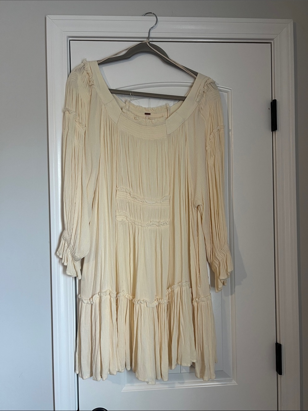 Free People Cream Boho Ruffle Smocked Dress